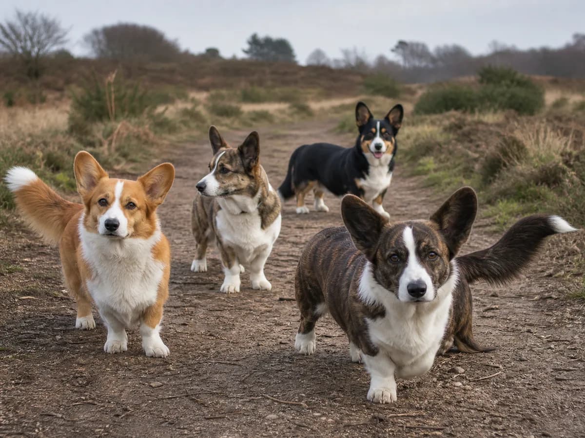 Four long-tailed Cardigan Welsh Corgis showing red, sable, brindle, and black coats on a heath trail