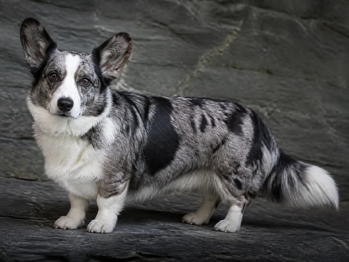 Blue-merle Cardigan Welsh Corgi standing on dark stone with its long tail visible