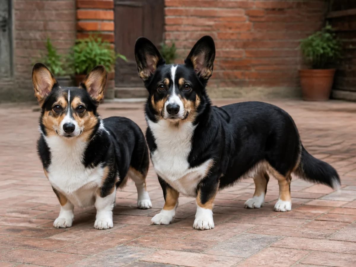 Black-headed tricolor Pembroke and black Cardigan with tan points in a brick courtyard
