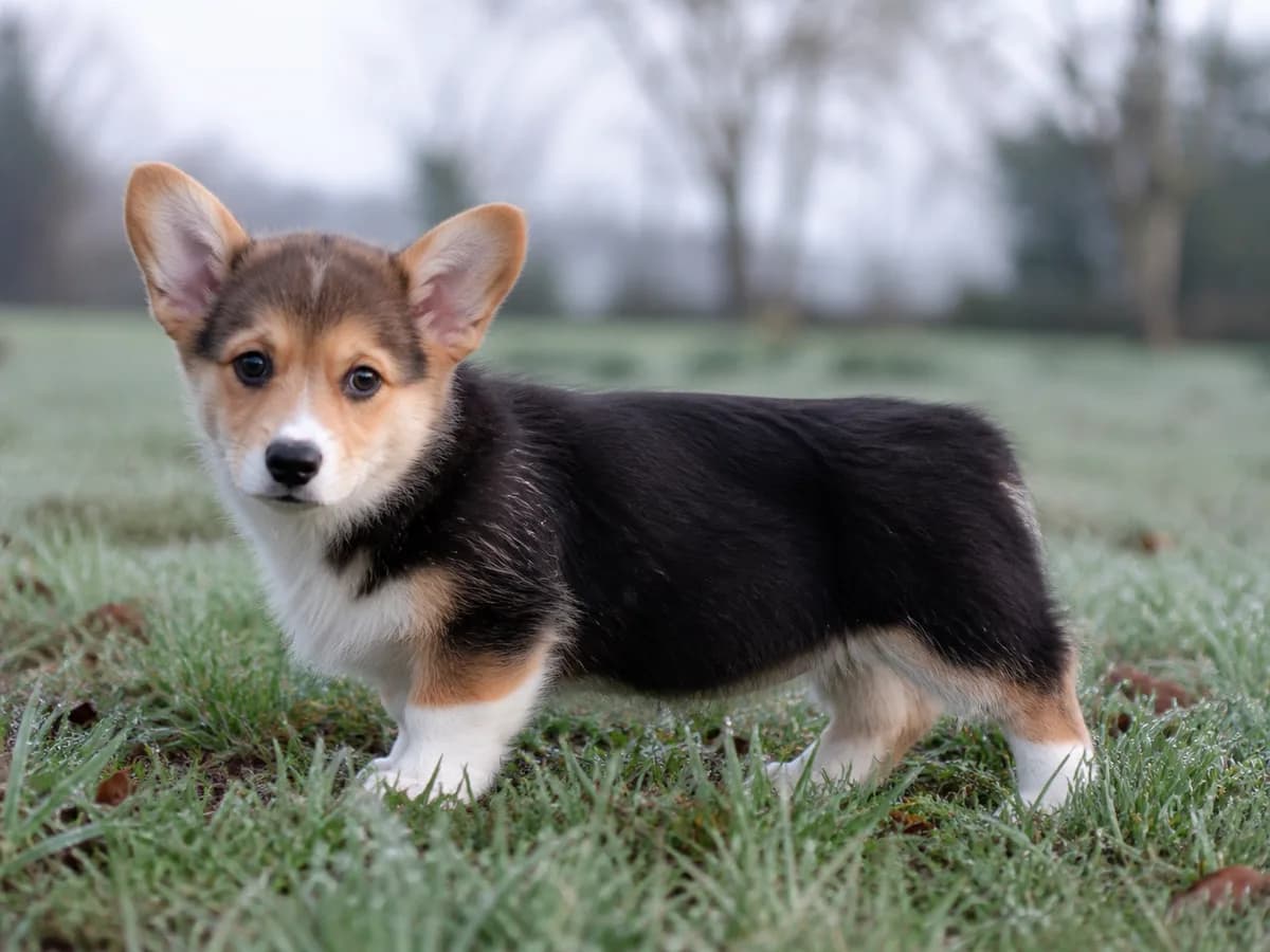 Young tricolor Pembroke Welsh Corgi puppy with a dark puppy coat outdoors