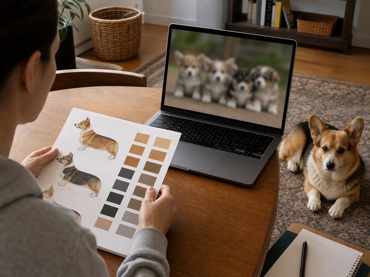 Buyer comparing Corgi color references with a blurred puppy advertisement beside a sable Pembroke