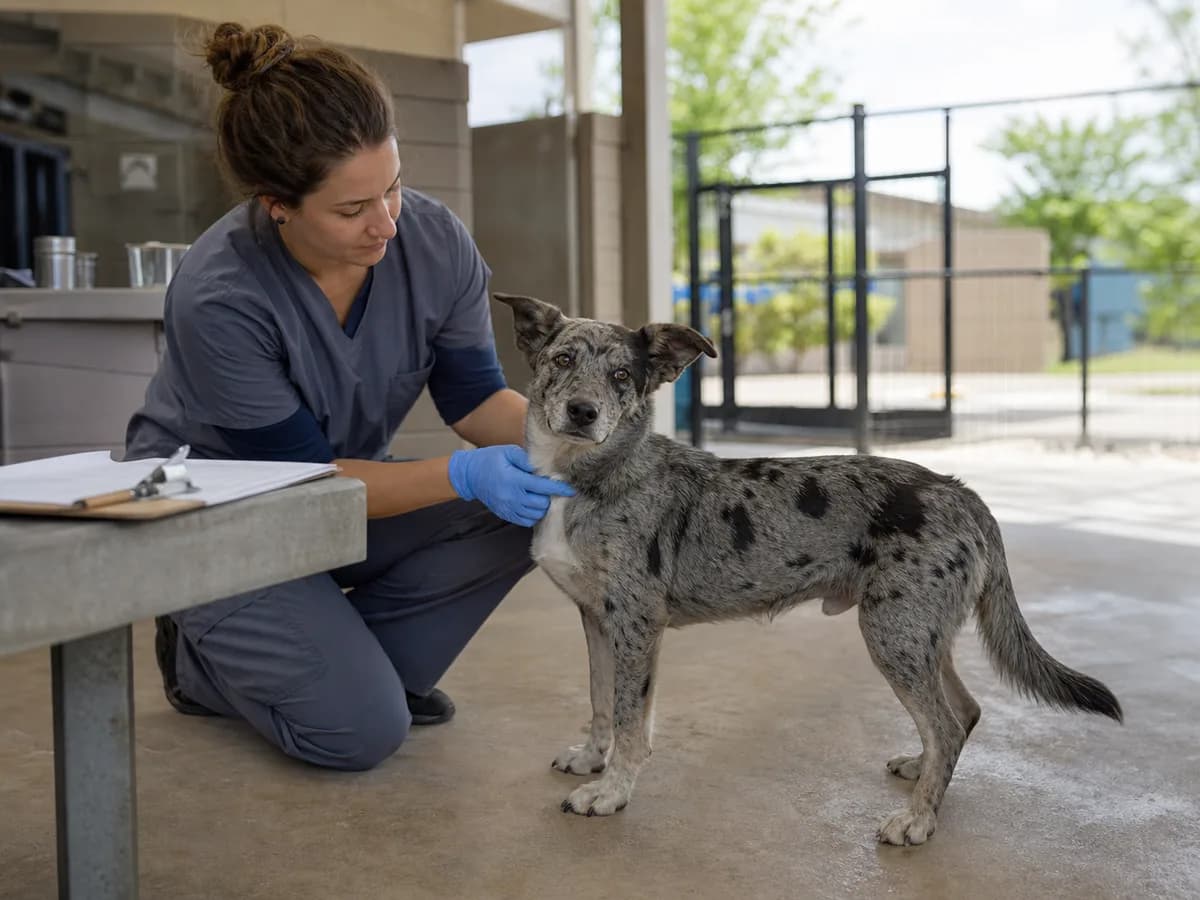 Merle mixed-breed dog with a long tail being examined at an outdoor rescue clinic