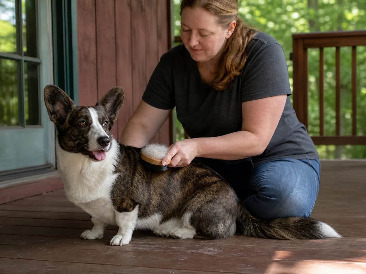 Owner brushing a brindle Cardigan Welsh Corgi's double coat on a shaded porch