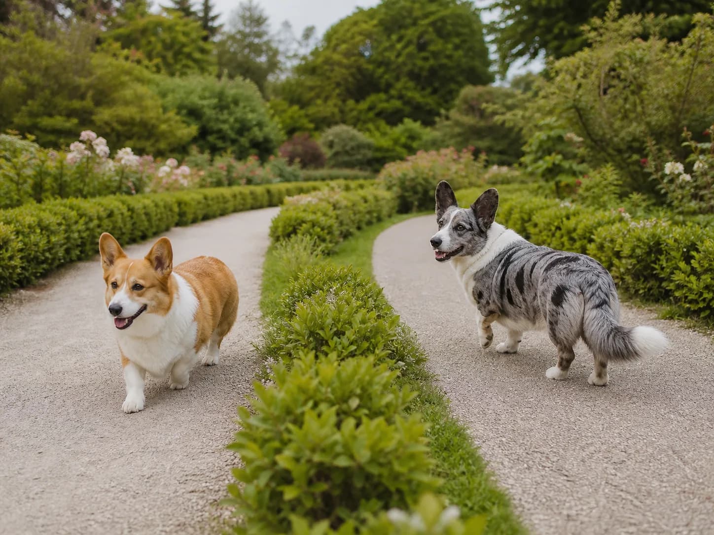 Red-and-white Pembroke and blue-merle Cardigan Welsh Corgis on separate garden paths