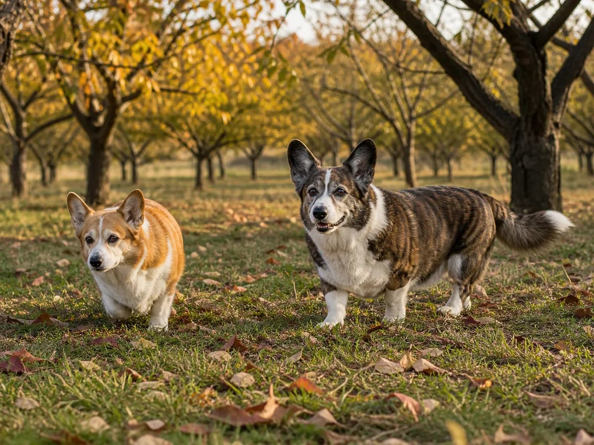 Older red Pembroke and brindle Cardigan Welsh Corgis standing in an autumn orchard.