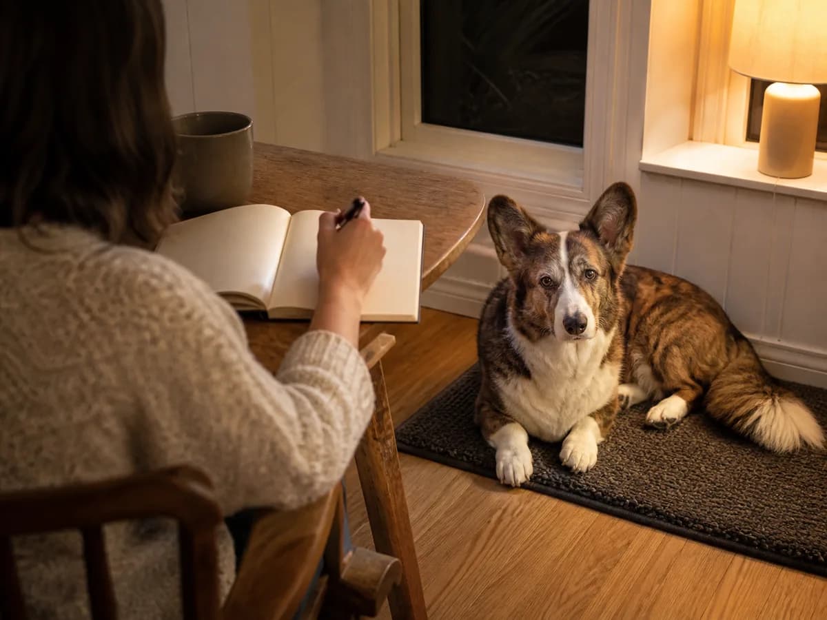 Older brindle Cardigan Welsh Corgi resting on a mat while its owner writes in a notebook.