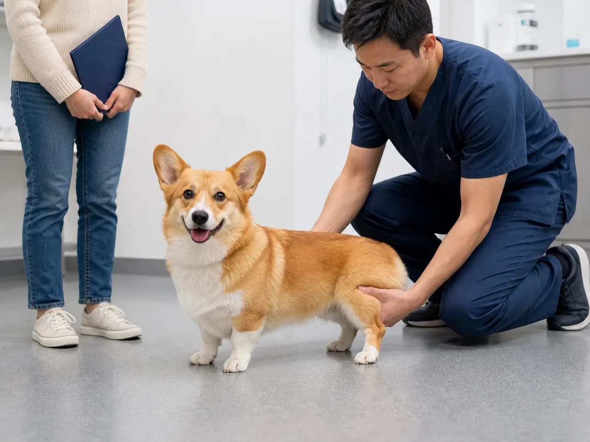 Veterinarian examining a standing adult red Pembroke Welsh Corgi while the owner holds records.