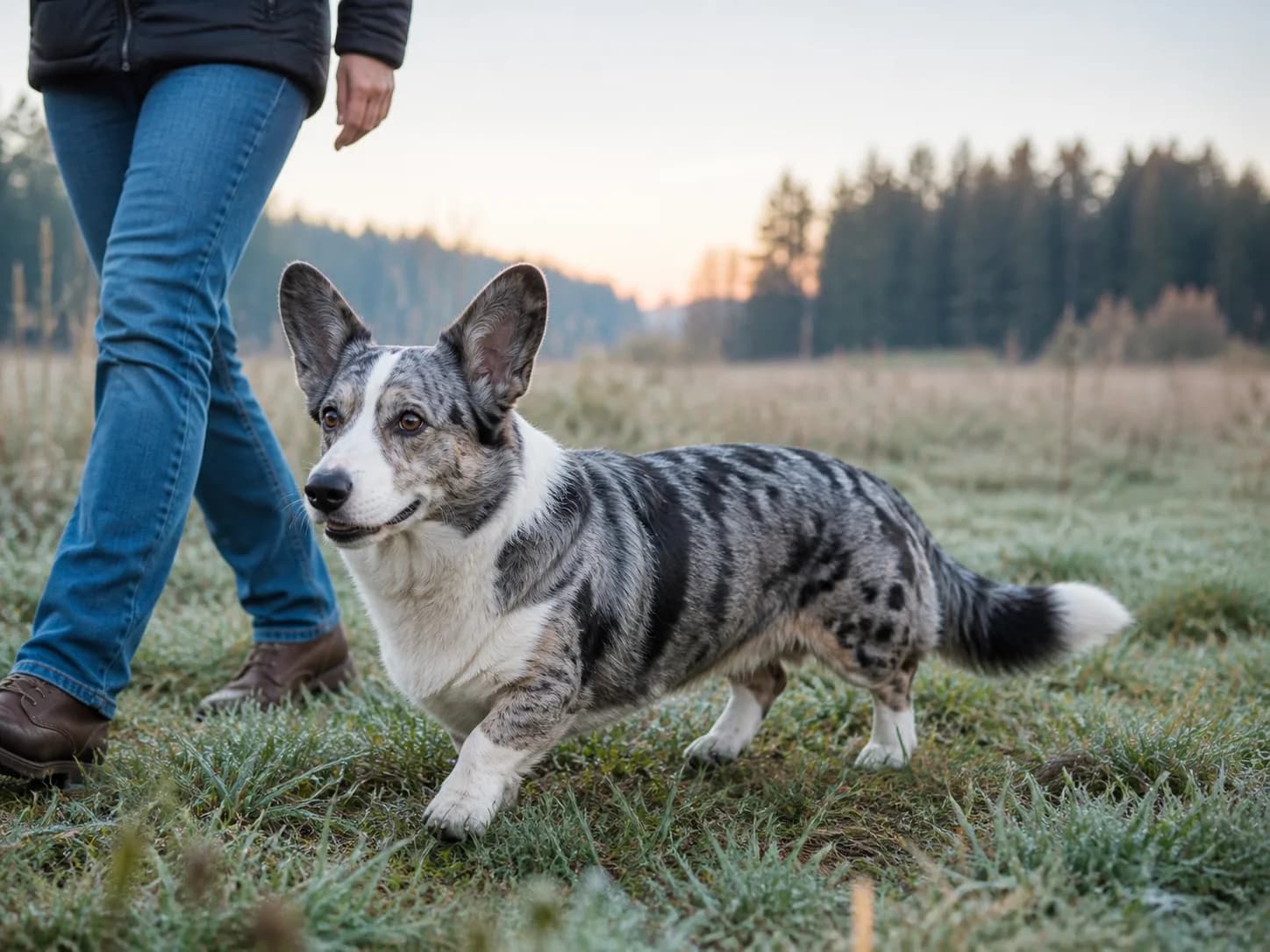 Older blue-merle Cardigan Welsh Corgi with a long tail walking beside its owner in a frosty meadow at dawn.