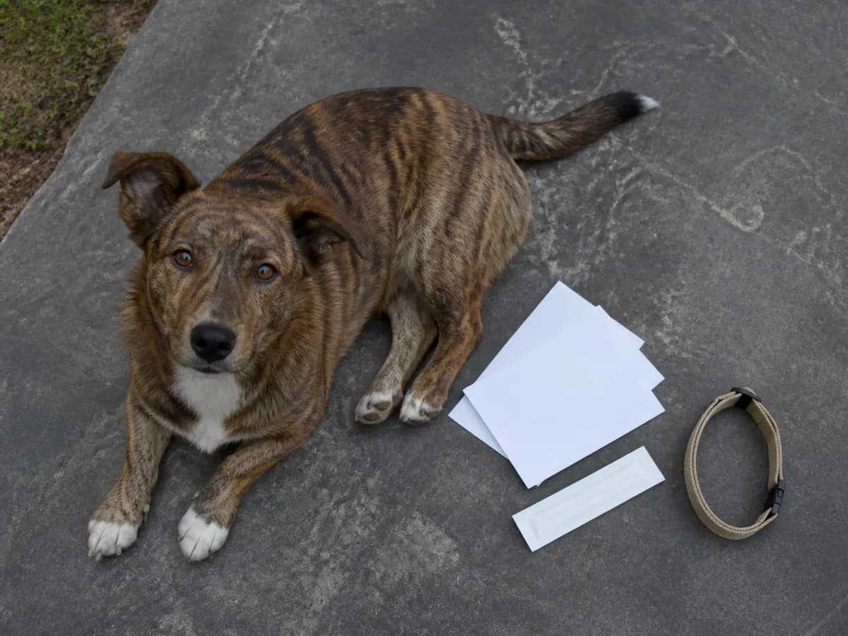 Brindle low-built mixed dog rests beside blank adoption records, a sealed cheek-swab envelope, and a plain collar on slate.