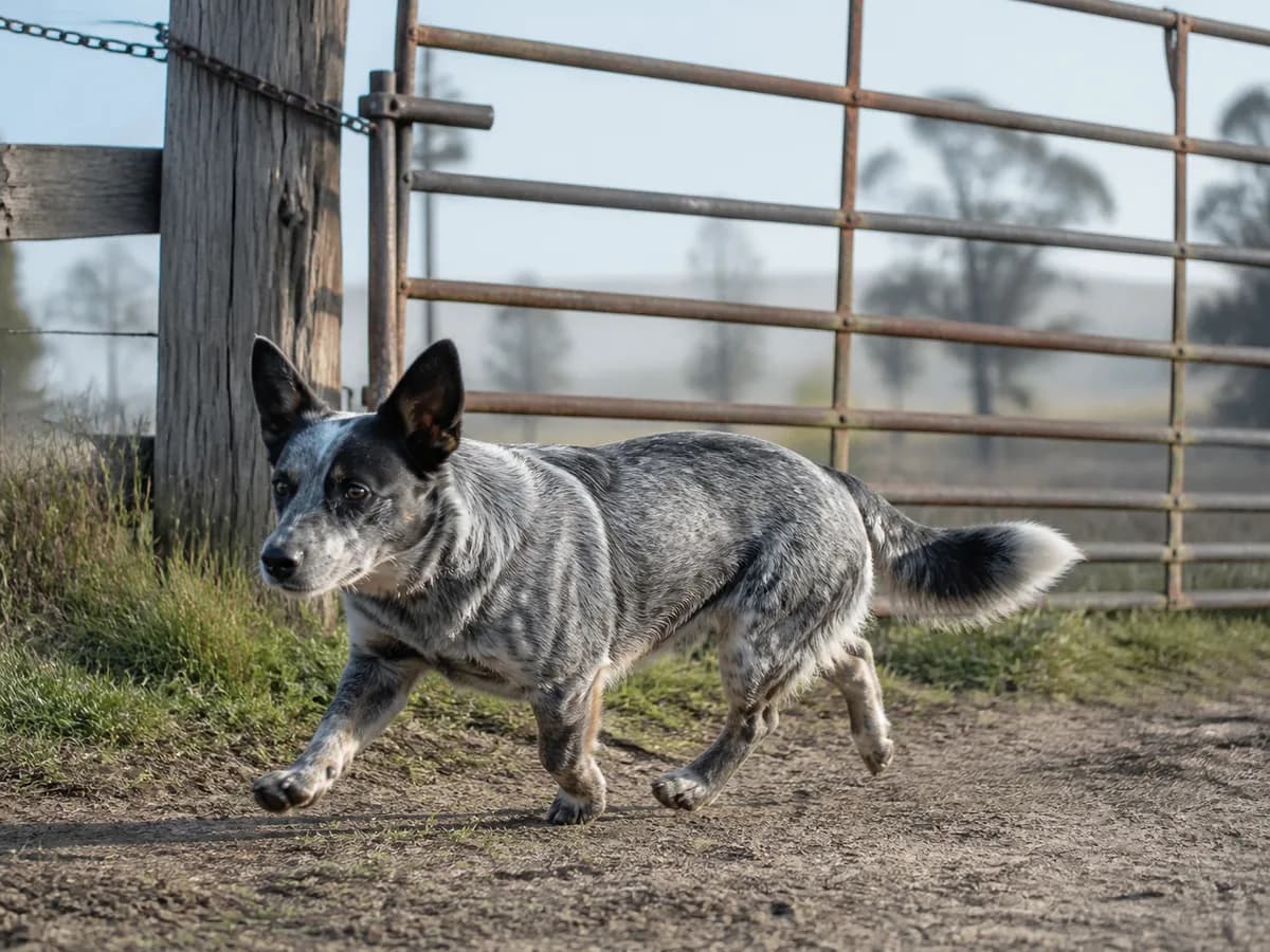 Blue-speckled low-built mixed dog with upright ears and a full tail trots beside a weathered ranch gate.