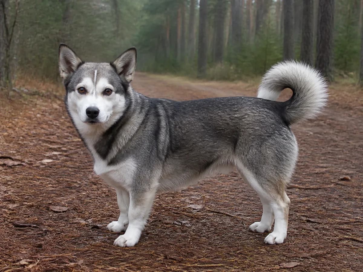 Gray-and-white brown-eyed mixed dog with a thick coat and curled full tail stands on an overcast pine trail.
