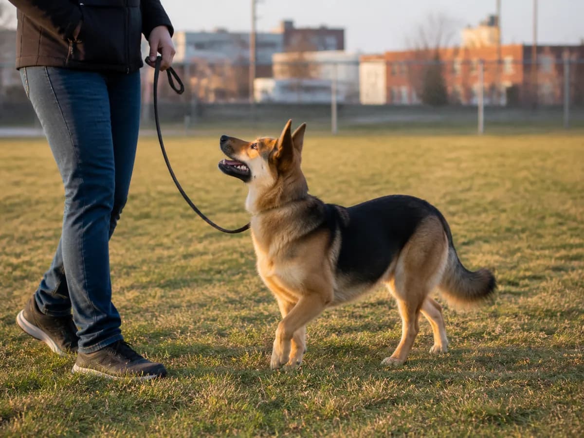 Tan-and-black mixed dog with upright ears and a full tail focuses on a handler during loose-leash practice.