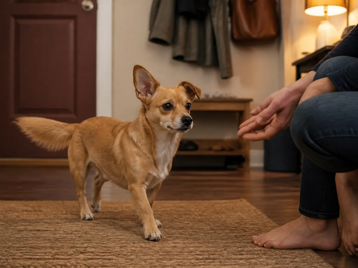 Small tan mixed dog with one upright ear, one semi-folded ear, and a full tail approaches a seated person in an apartment entryway.