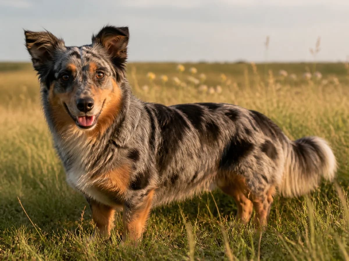 Blue-merle and copper mixed herding dog with a medium-low build and feathered tail stands in a golden meadow.