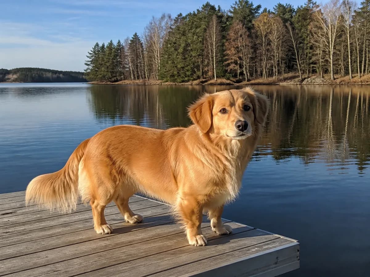 Golden-coated medium mixed dog with a moderate-low frame and feathered tail stands on a quiet lakeside dock.