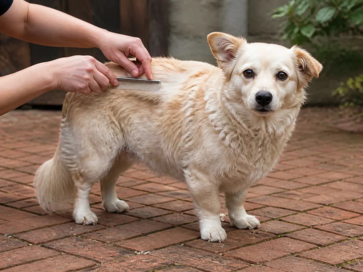 Cream wavy-coated mixed dog stands on a brick courtyard while a groomer combs through its coat.
