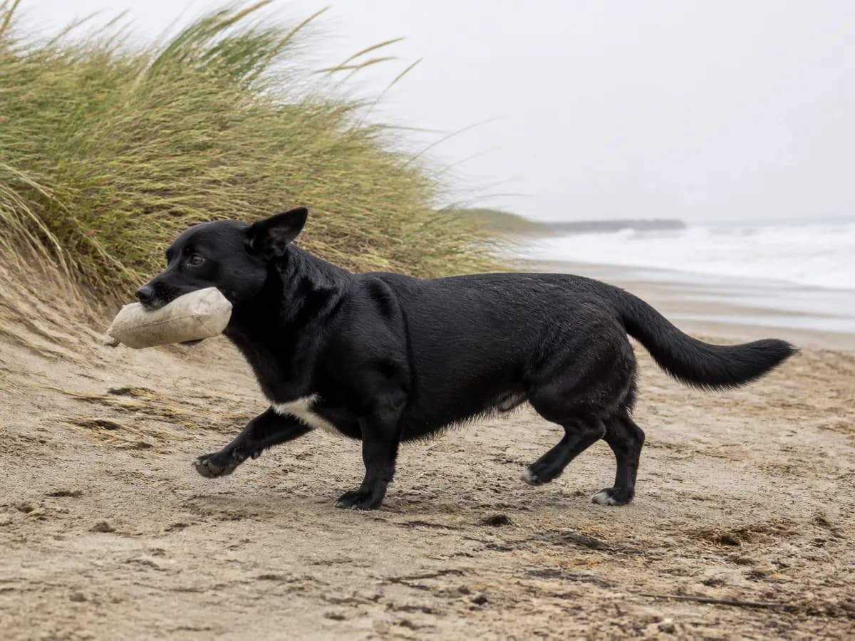 Black short-coated mixed dog with medium-low legs and a full tail carries a canvas bumper along a windy beach dune.