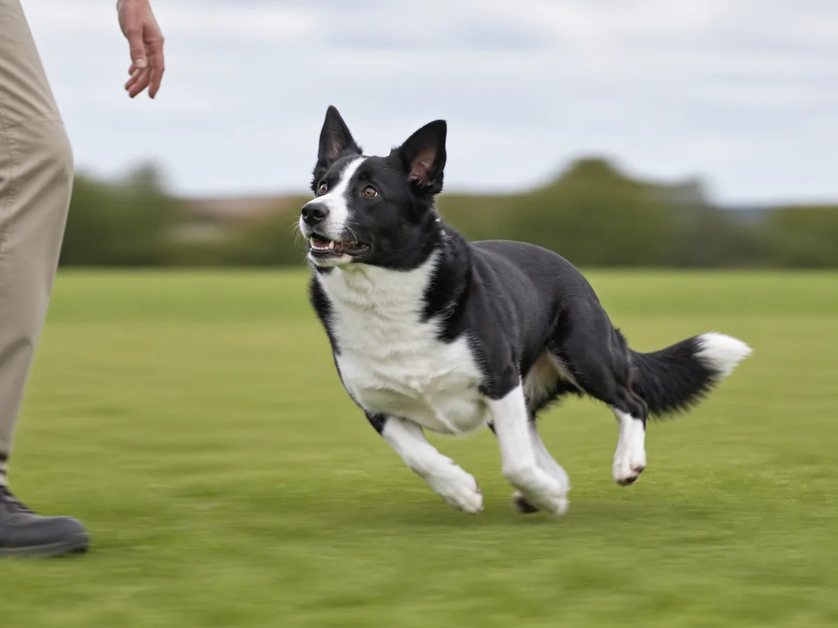 Black-and-white medium-low mixed dog with a full tail turns toward a handler on a green training field.