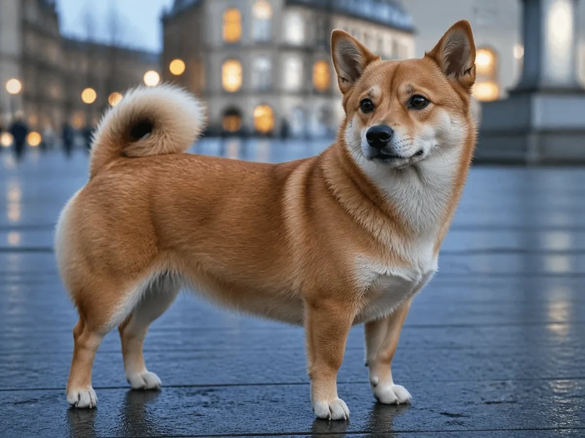 Red foxlike mixed dog with upright ears, cream markings, and a curled full tail stands in a blue-hour city plaza.