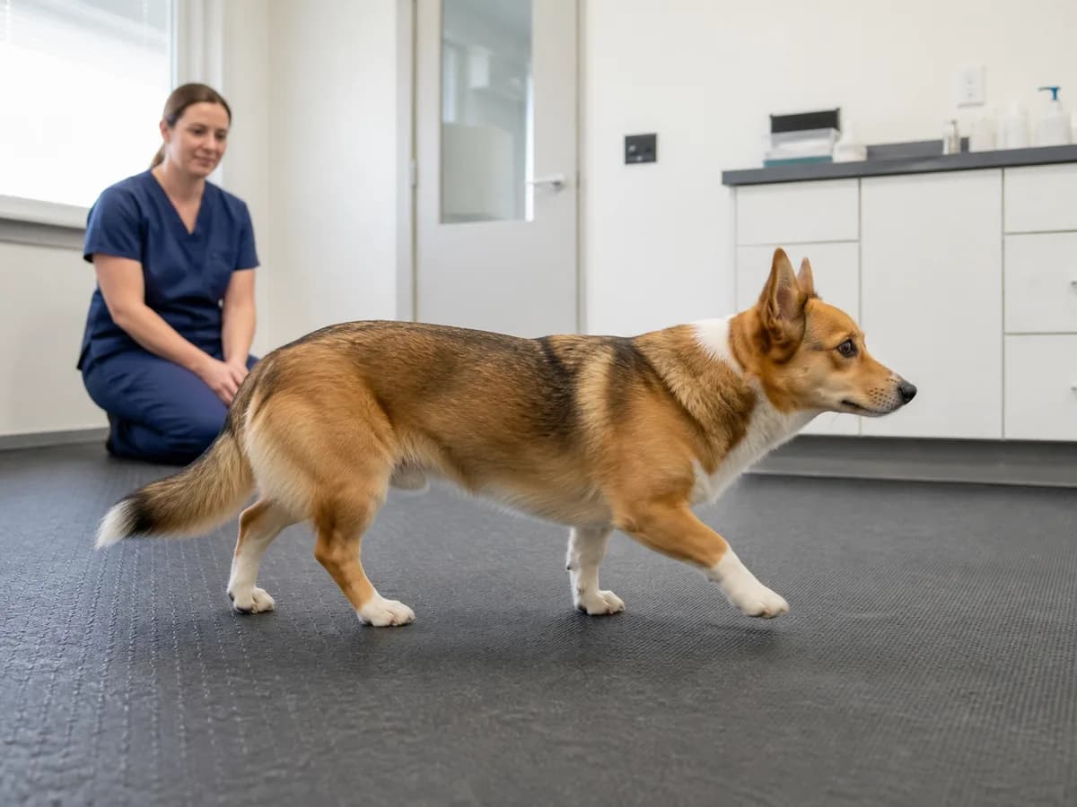 Veterinarian observes a sable-and-white long-backed mixed dog walking across a nonslip clinic mat.