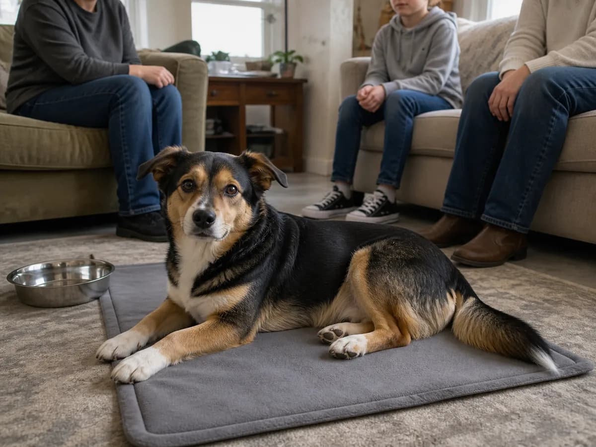 Tricolor adult mixed dog rests on a washable mat while three family members sit at a respectful distance in a living room.