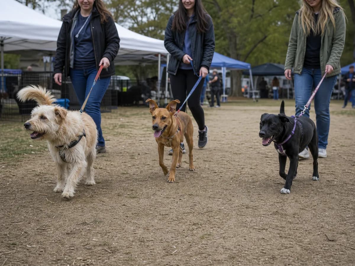 Three unrelated mixed-breed rescue dogs of different sizes and coat types walk with handlers at an outdoor adoption event.