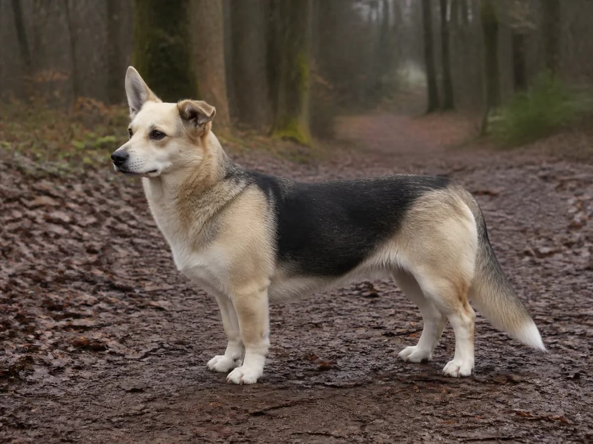 Cream-and-charcoal mixed dog with one upright ear, one folded ear, and a full tail stands on a damp woodland path.