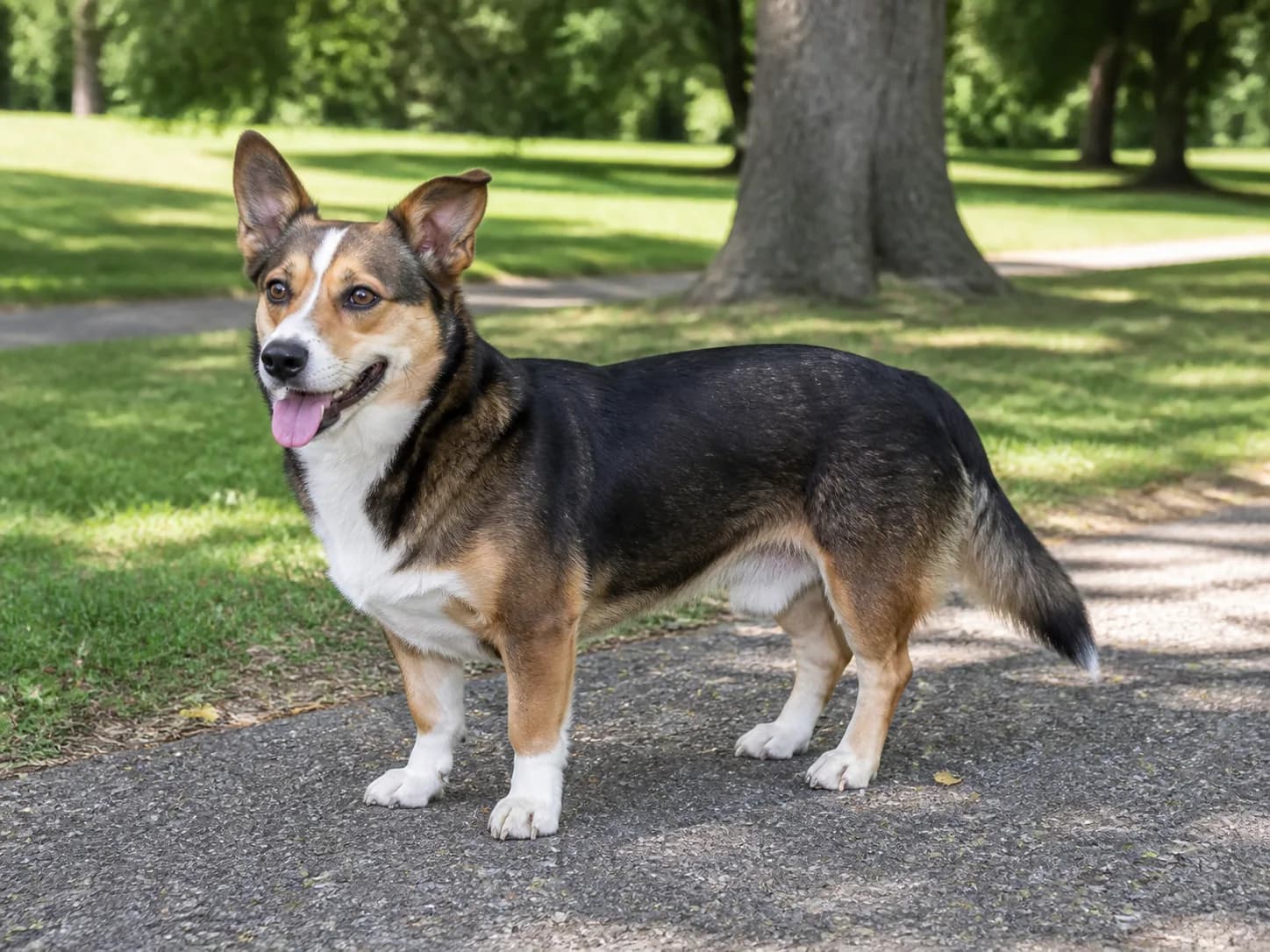 Tricolor adult mixed-breed dog with a low sturdy frame, full tail, and uneven upright ears standing on a community park path.
