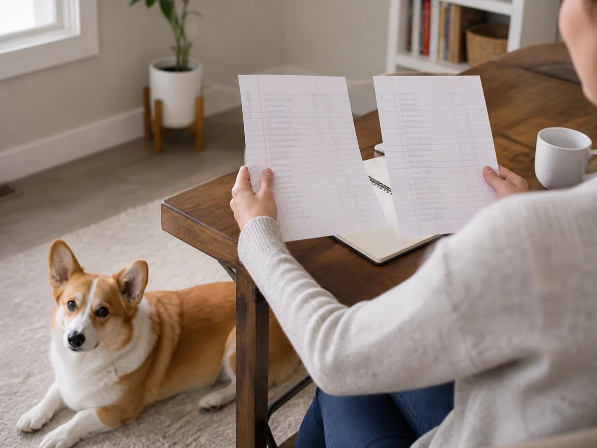 Owner comparing two puppy-source sheets while a red-and-white Pembroke Welsh Corgi rests beside the table