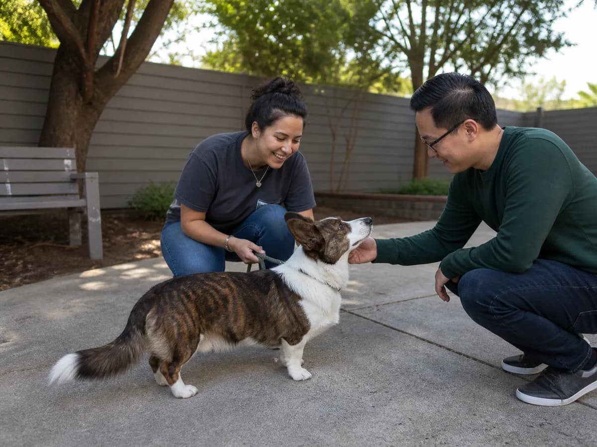 Brindle-and-white Cardigan Welsh Corgi with a long tail meeting an adopter and foster volunteer in a courtyard