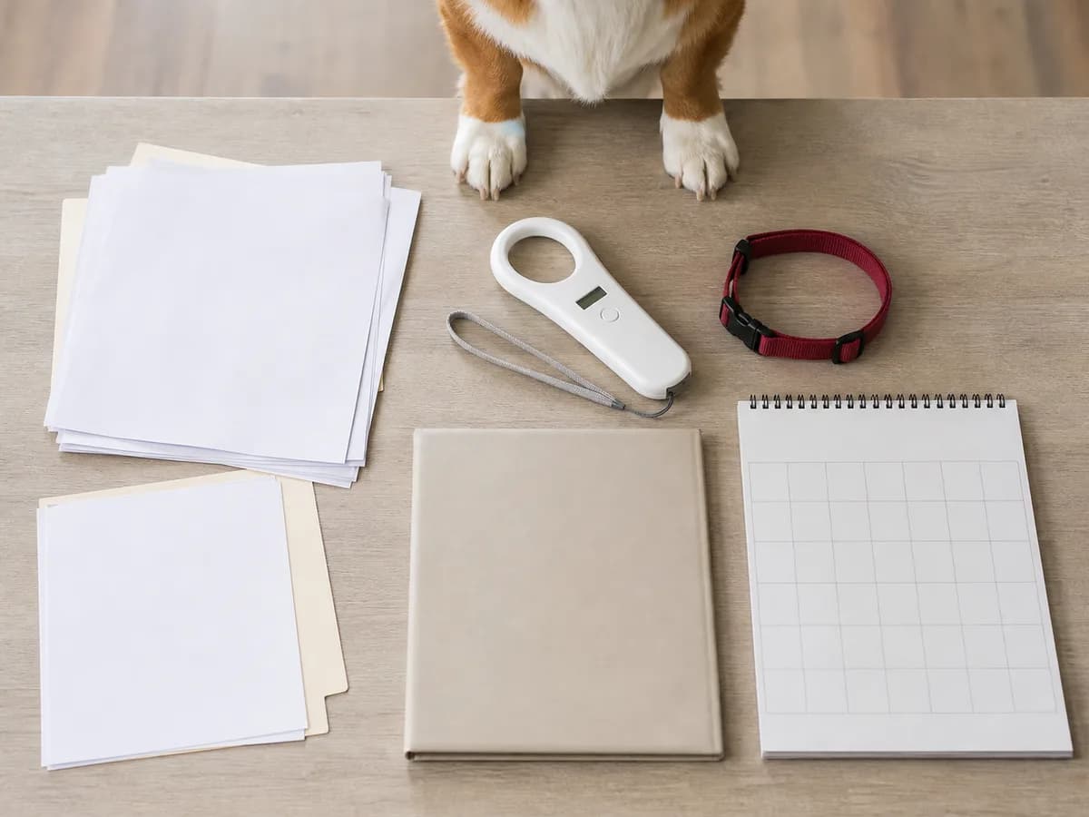 Blank canine records, microchip scanner, collar, folder, and calendar beside a Pembroke Welsh Corgi's paws