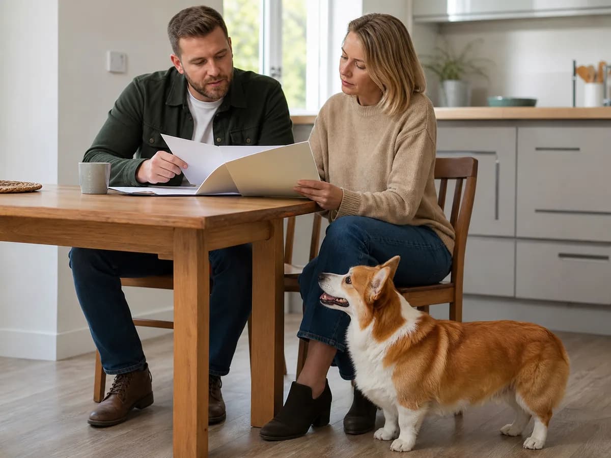 Prospective owner and breeder reviewing a health folder beside an adult red-and-white Pembroke Welsh Corgi