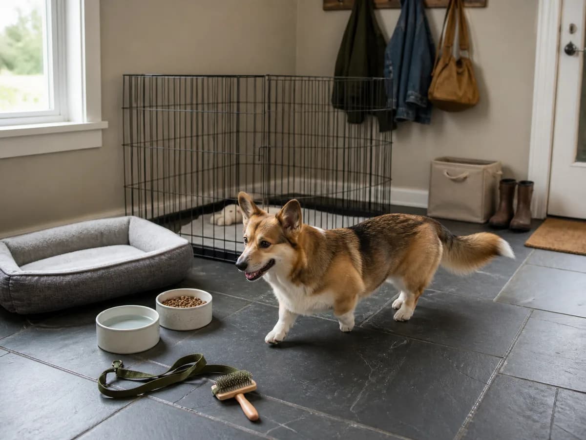 Full-tailed sable Pembroke Welsh Corgi exploring a mudroom with a rest pen, bed, bowls, leash, and brush