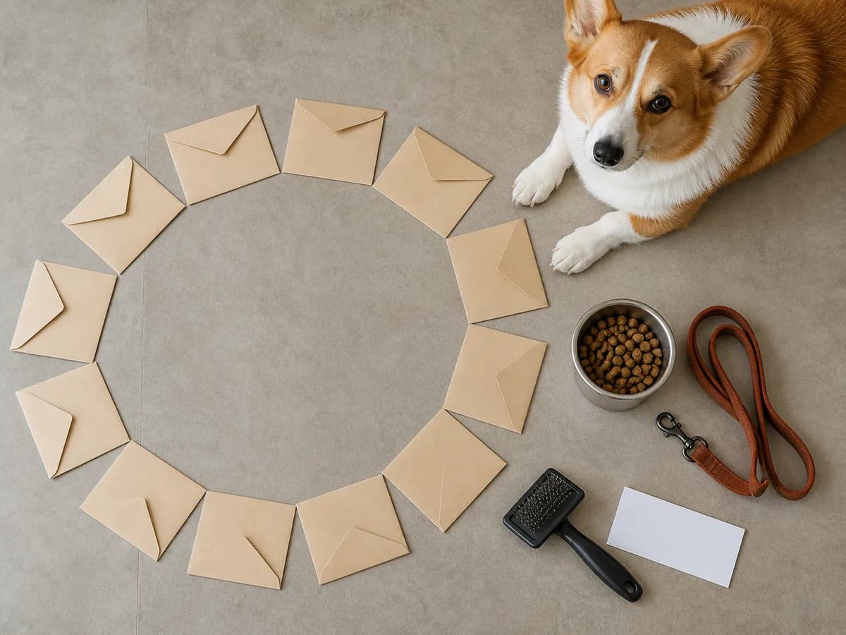 Twelve blank monthly budget envelopes beside a Pembroke Welsh Corgi, food bowl, leash, brush, and appointment card