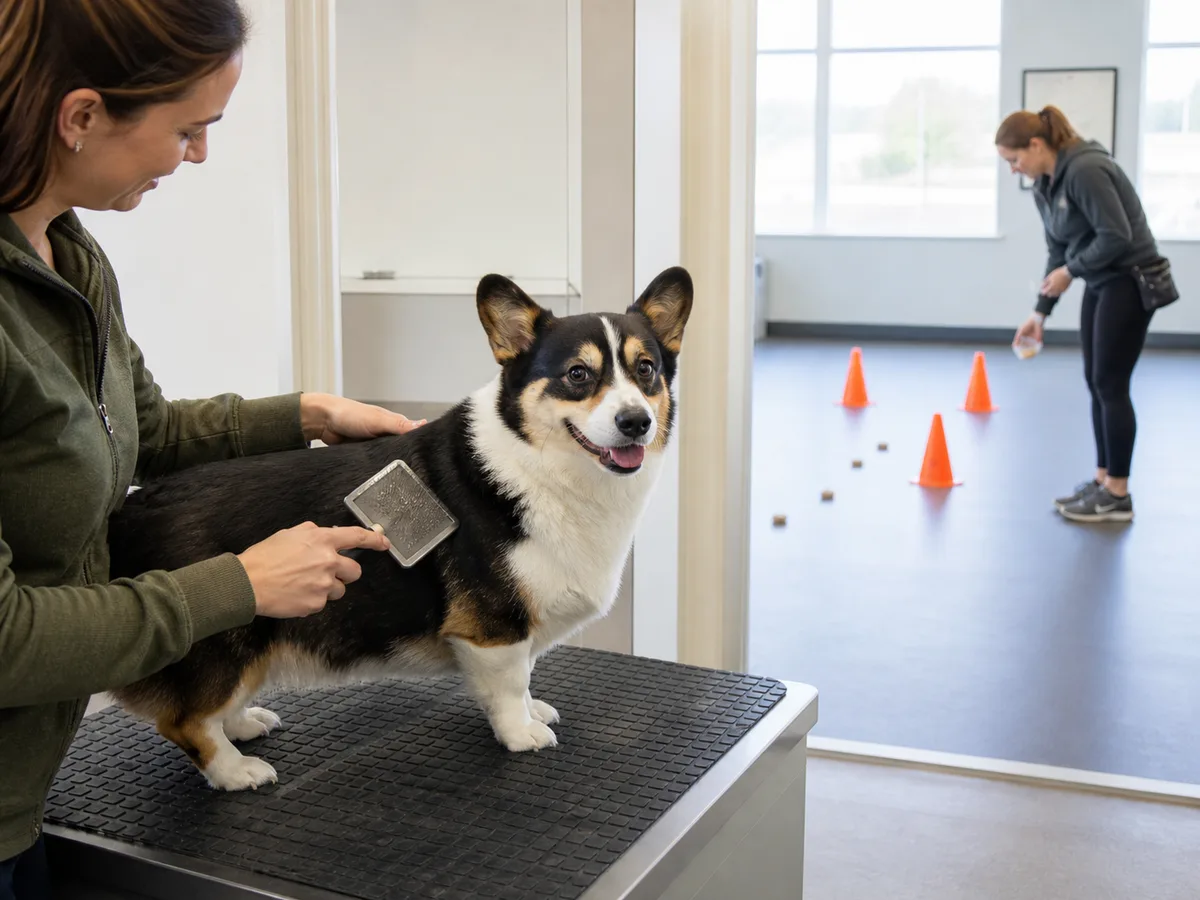 Tricolor Pembroke Welsh Corgi being brushed while a trainer prepares a practice area in the background