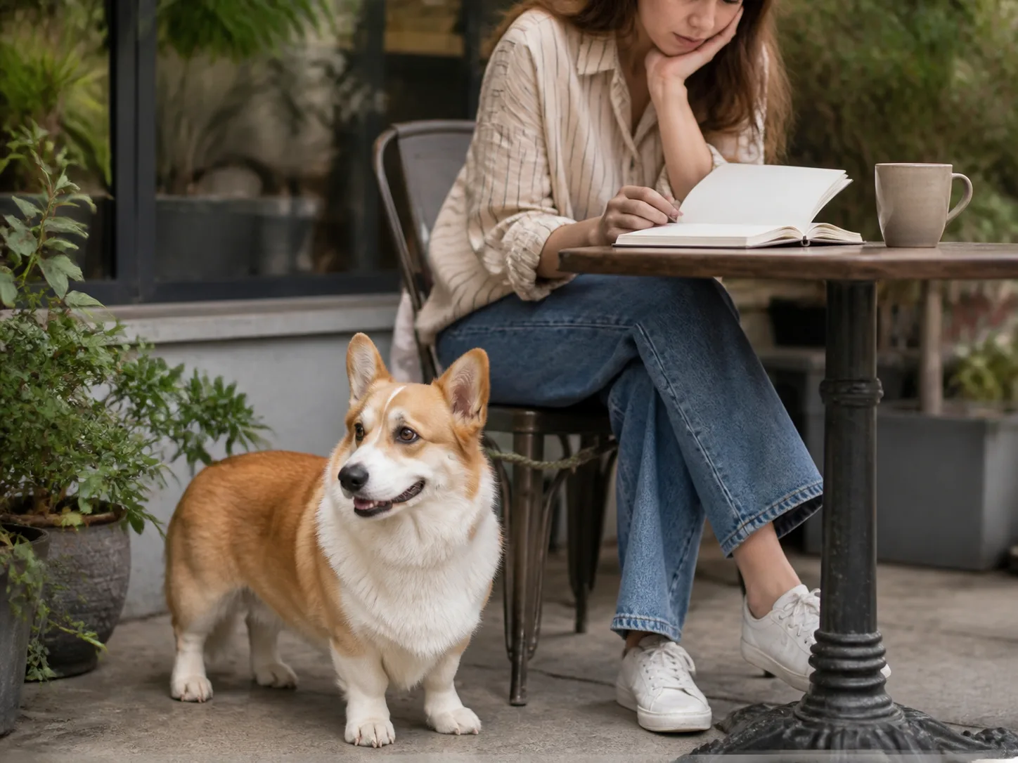 Red-and-white Pembroke Welsh Corgi beside an owner reviewing a blank budget notebook at an outdoor cafe