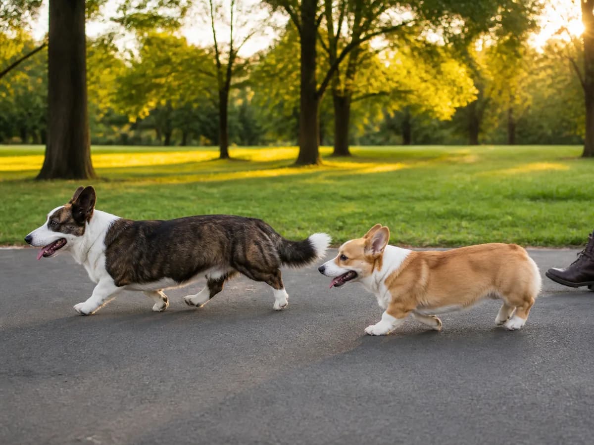 Brindle Cardigan and sable Pembroke Welsh Corgis walking in side profile on a park path.