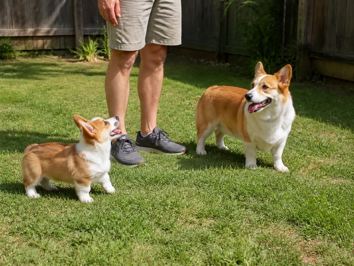 Red Pembroke Welsh Corgi puppy and adult standing with their owner in a backyard.