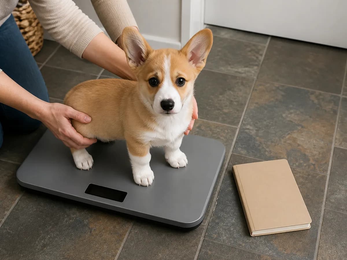 Fawn Pembroke Welsh Corgi puppy standing on a blank digital scale beside a closed notebook.