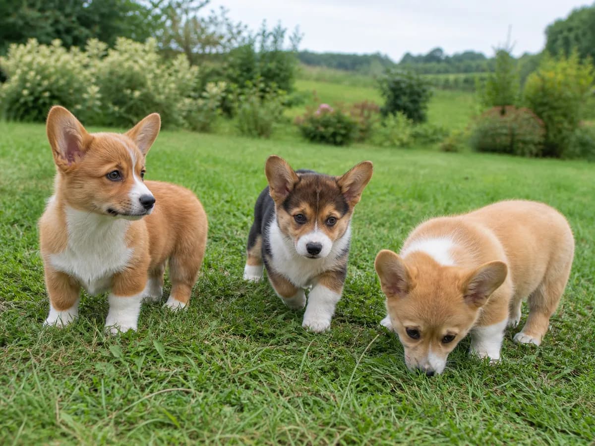 Three same-age Pembroke Welsh Corgi puppies exploring a grassy yard.