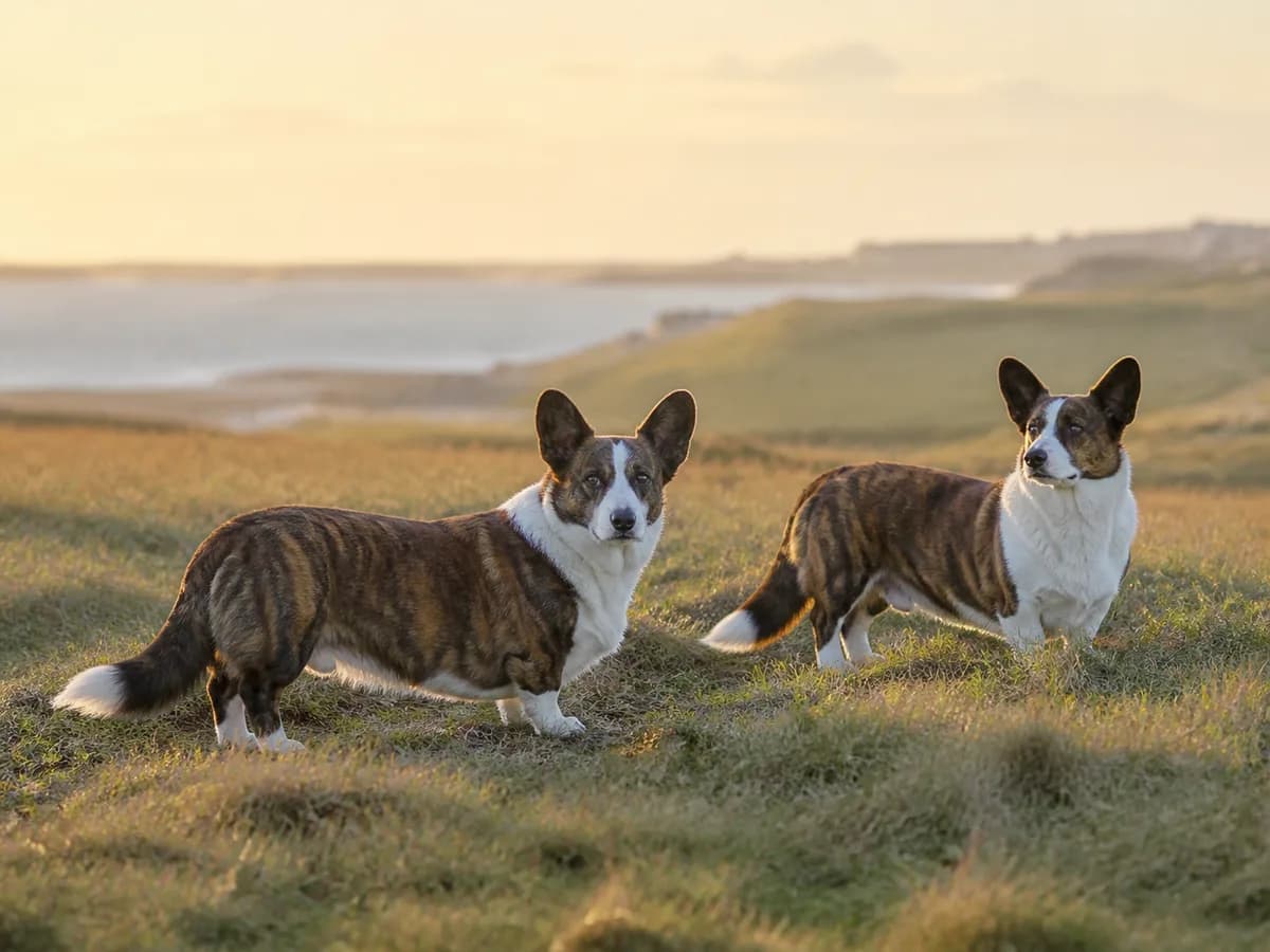 Two adult brindle Cardigan Welsh Corgis standing in a coastal field at sunset.