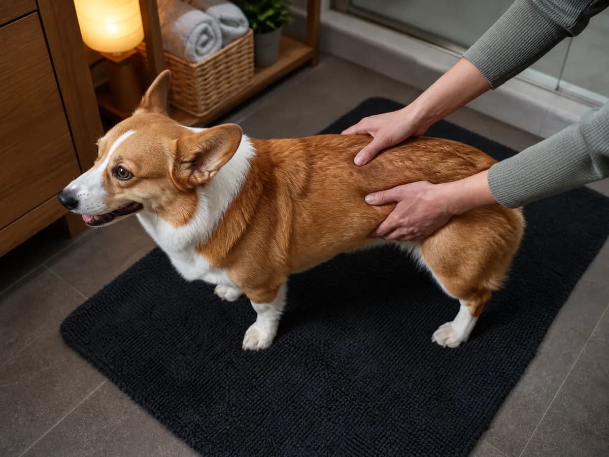 Owner checking the body condition of a red-and-white Pembroke Welsh Corgi at home.