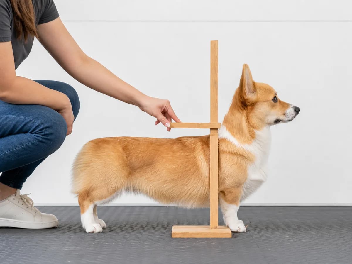 Owner measuring a sable Pembroke Welsh Corgi's height at the withers with an unmarked wooden gauge.