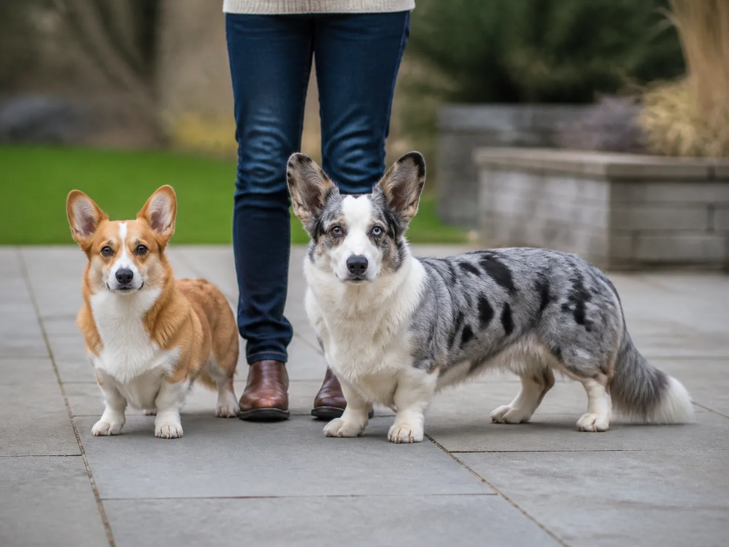Adult red Pembroke and blue-merle Cardigan Welsh Corgis standing beside their owner on a patio.