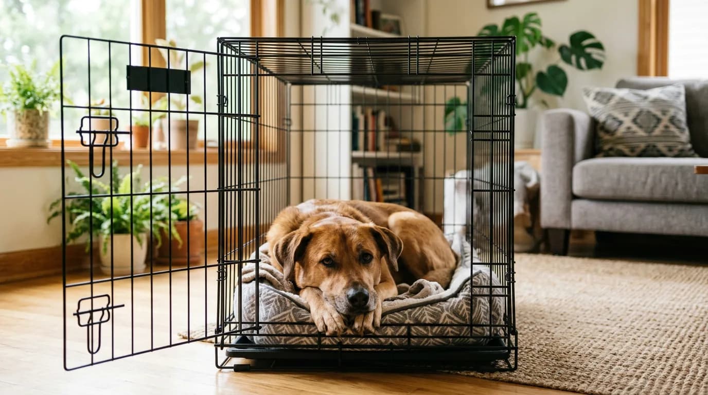 adult rescue mixed-breed dog resting calmly inside an open wire crate in a sunlit living room, chin on paws, relaxed body language