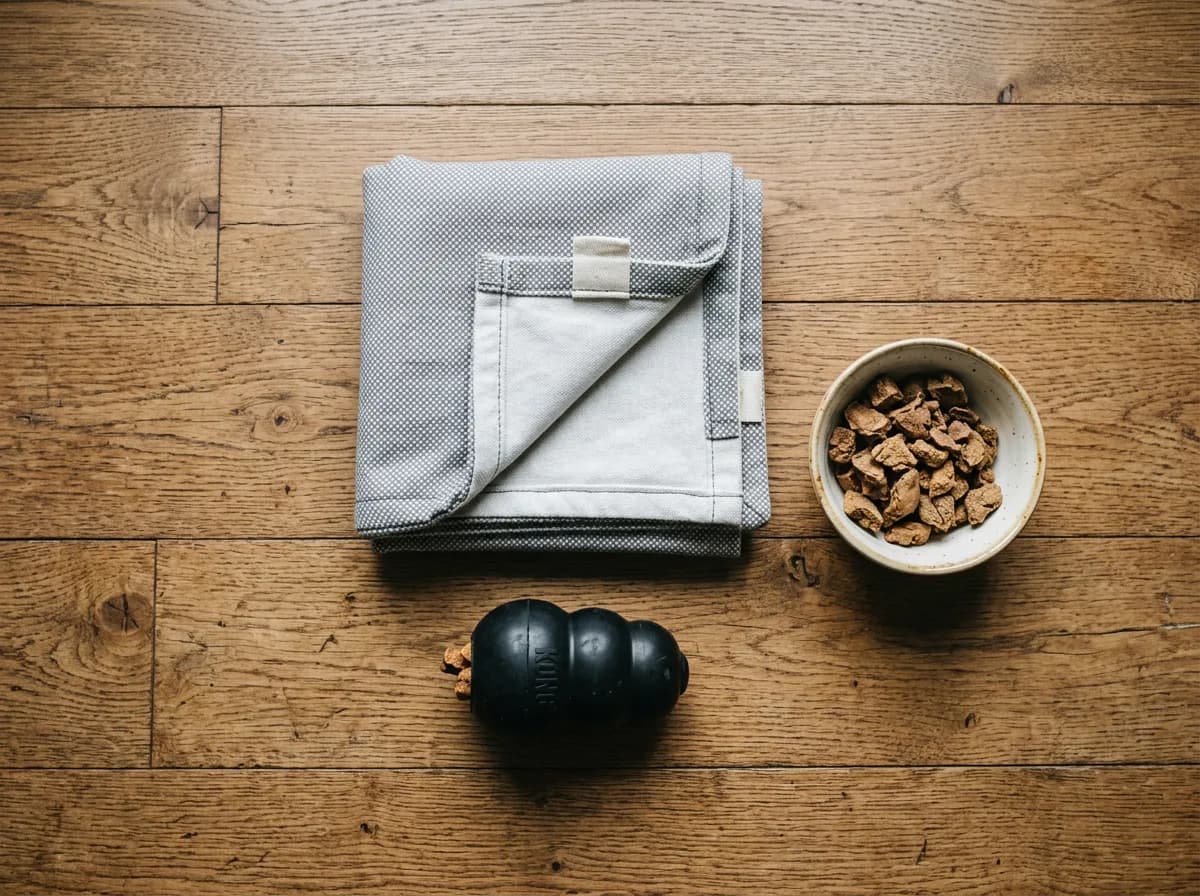 flat-lay of adult-dog crate training supplies on a wood floor, showing a folded washable crate mat, a rubber stuffable toy, and a small bowl of chicke
