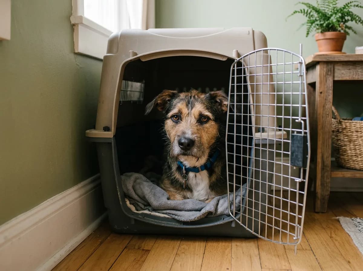 newly adopted adult rescue dog peering out from inside a plastic travel-style crate in a quiet corner, cautious but curious expression, soft indoor li