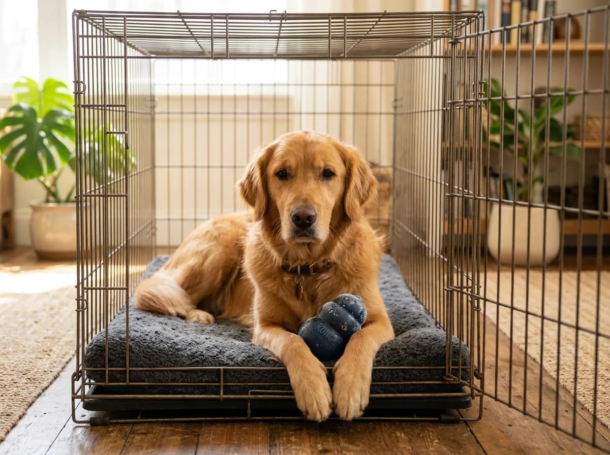 adult dog lying calmly on a crate mat with the crate door open, a frozen stuffed rubber toy between the front paws, warm natural lighting