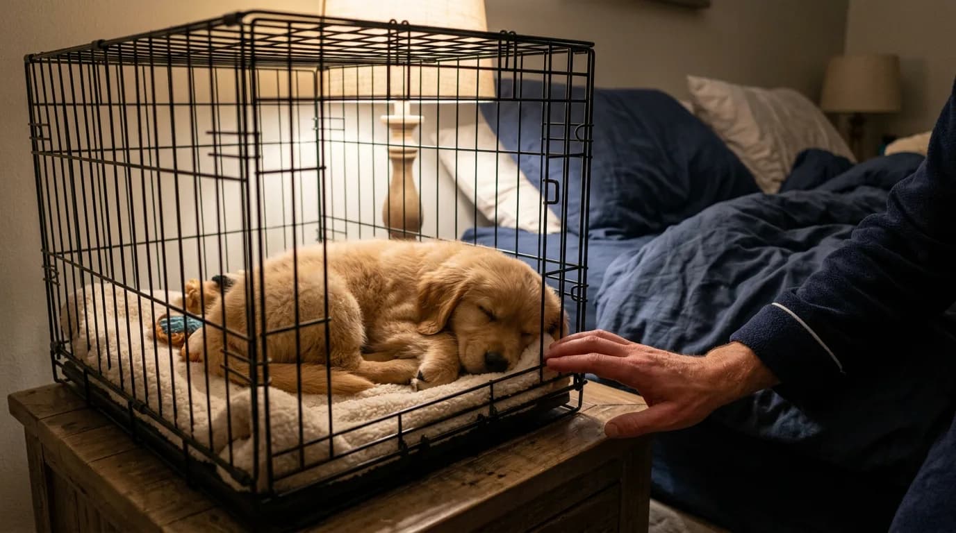 A small eight-week-old golden puppy curled up asleep inside a wire crate placed beside a bed at night, soft warm lamplight, a person's hand resting ne