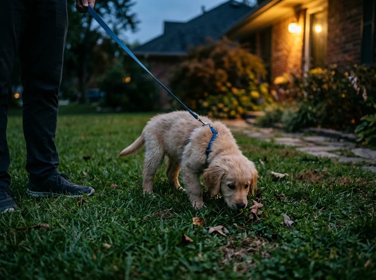A young puppy on a leash outside on grass at dusk in a backyard, sniffing the ground for a final pre-bedtime potty break, a dim porch light in the bac